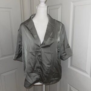 House Of Harlow 1960 Women’s Gray Satin Button Up Short Sleeve Blouse L Office